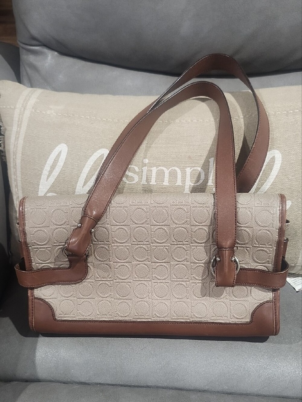 Salvatore Ferragamo Beige Monogram Satchel with Brown Leather Trim - Picture 3 of 10